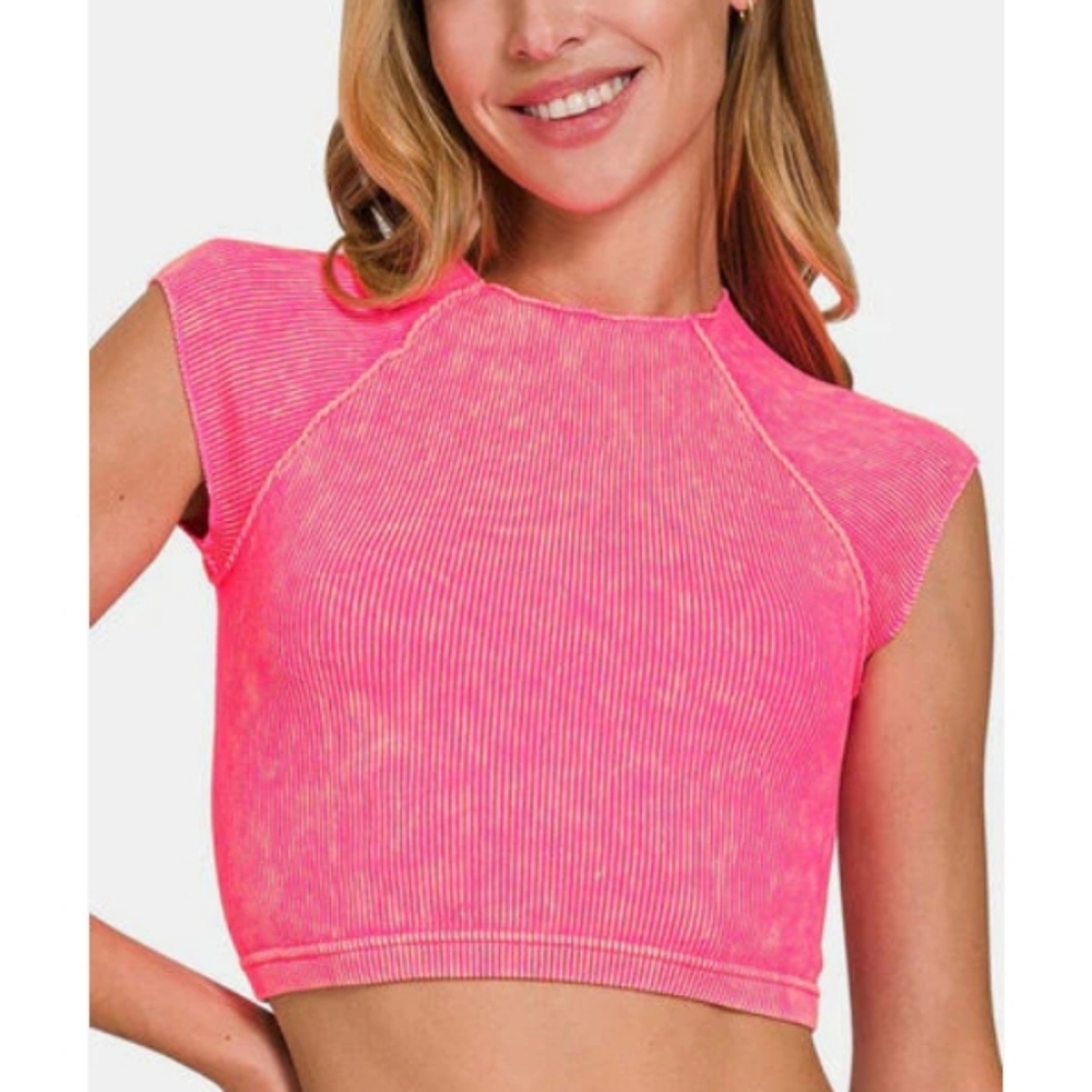 New Ribbed Round Neck Cropped Tee Top In Hot Pink